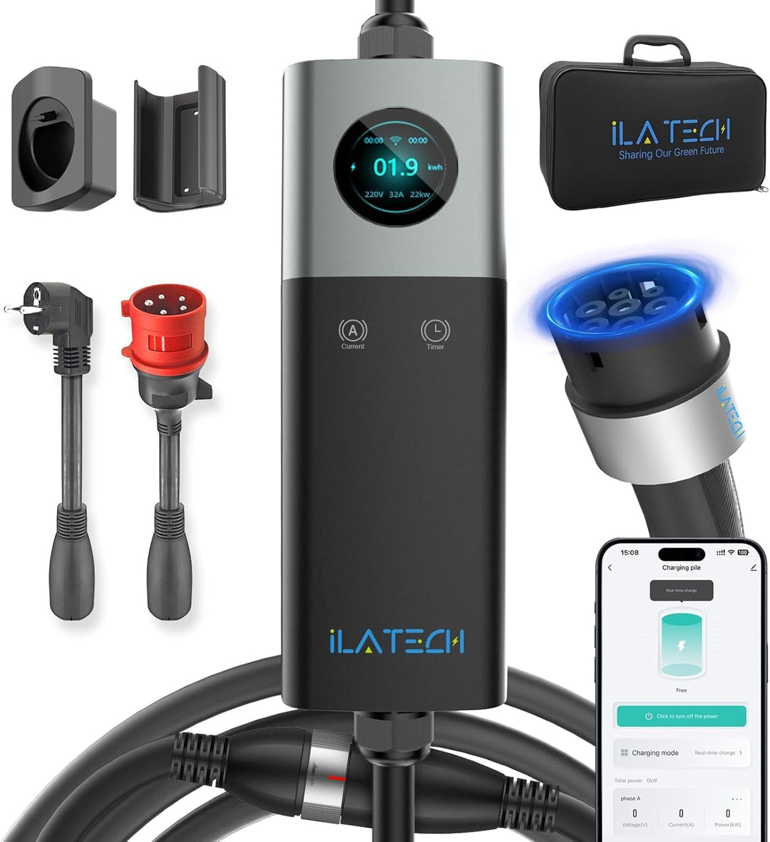 ILATECH Typ 2 mobiles Ladegerät 22kW – 5 Meter Kabel – Basic Set EU WiFi - E-NRGY
